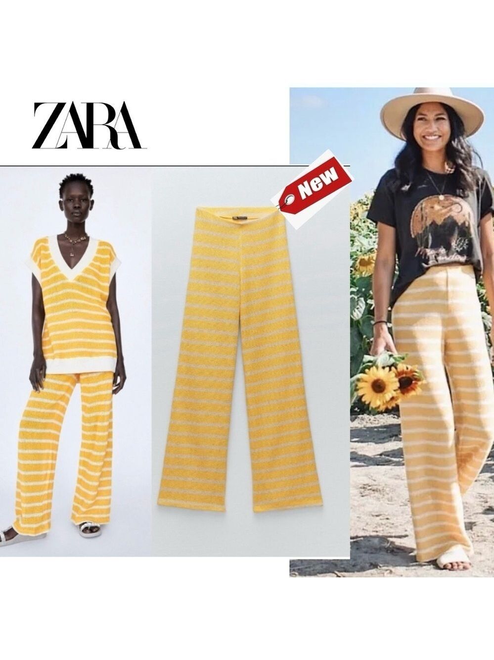 Zara yellow white striped knit rustic trouser pants Sz S NWT
